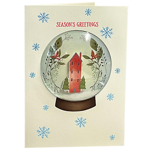 Season's Greetings: 3D Snowglobe Confetti Shaker with Tall Red House Christmas Card: Season's Greetings