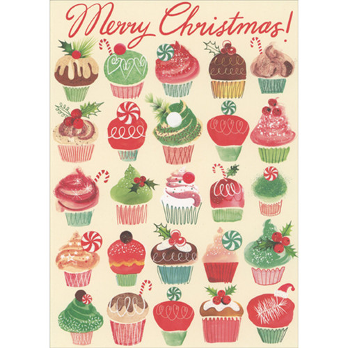 Repeated Rows of Decorated Cupcakes with Glitter Accents Christmas Card: Merry Christmas!