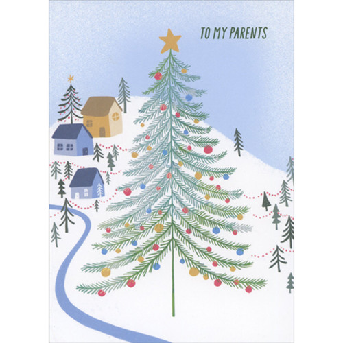 Large Thin Branched Tree and Homes on Hill in Winter Christmas Card for Parents: To My Parents