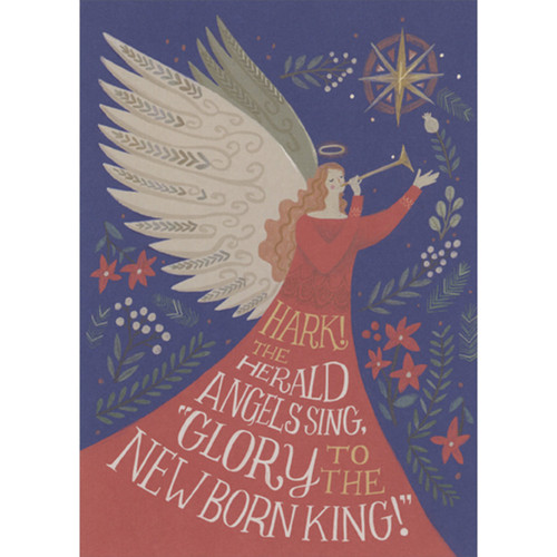 Hark the Herald: Angel in Red Gown with Trumpet Under Foil Star Religious Christmas Card: Hark! The Herald Angels Sing, “Glory To The New Born King!”