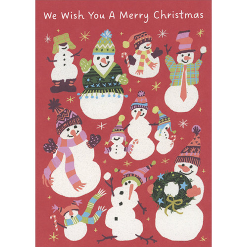 We Wish You a Merry Christmas: Various Snowmen on Red Background Christmas Card: We Wish You A Merry Christmas