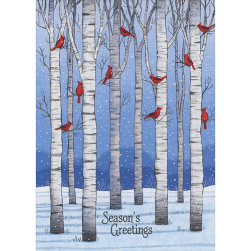 Cardinals Perched on Aspen Trees Branches in Lightly Falling Snow Christmas Card: Season's Greetings