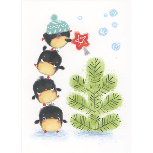 Stack of Cute Penguins Placing Red Star on Small Green Tree Christmas Card for Family Member
