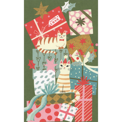 Cats Sitting on Stack of Sparkling Colorful Gifts Money or Gift Card Holder Christmas Card: with LOVE