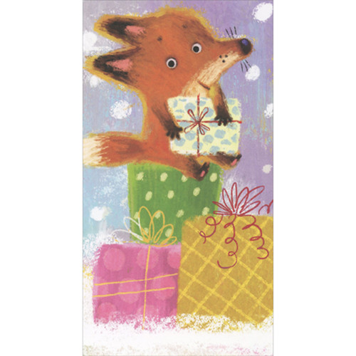 Cute Fox Sitting on Stack of Presents Money or Gift Card Holder Christmas Card