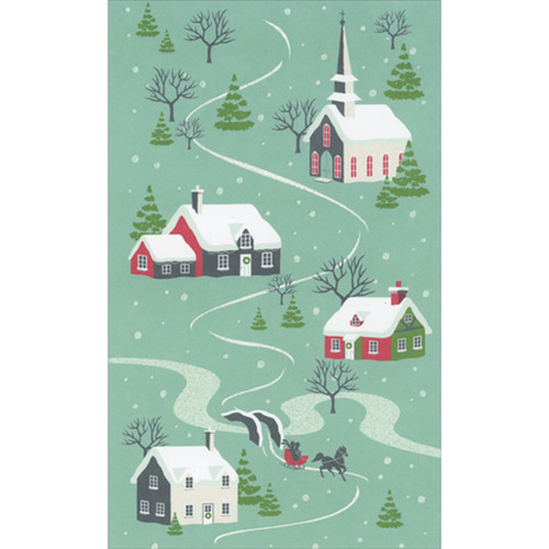 Horse Drawn Sleigh and Snow Covered Village Money or Gift Card Holder Christmas Card