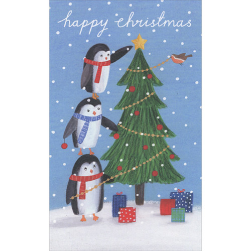 Stack of Three Penguins Placing Star on Tree Money or Gift Card Holder Christmas Card: happy christmas