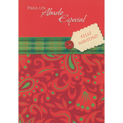 Scalloped Tag and Button on Green Plaid Ribbon Spanish Language Christmas Card for Grandmother: Para Un Abuelo Especial   Feliz Navidad (English: For a Special Grandpa   Merry Christmas)