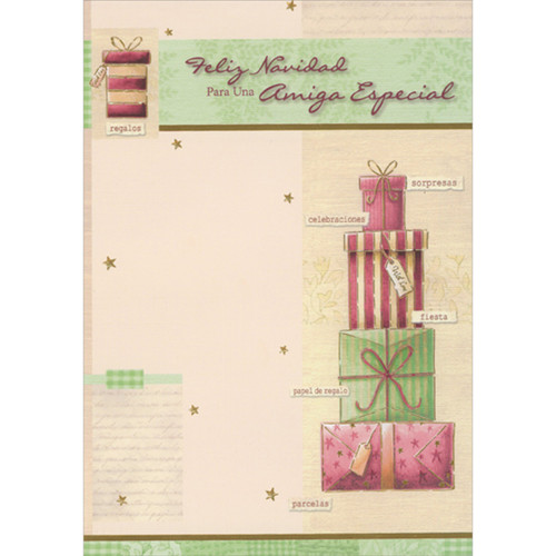 Stack of Gifts Wrapped with Stripes and Stars Spanish Language Christmas Card for Friend: Feliz Navidad Para Una Amiga Especial   regalos  sorpresas  celebraciones  fiesta  papel de raglo  parcelas (English: Merry Christmas For A Special Friend  Surprise  Gifts  Celebrations  Party  Wrapping paper  Parcels