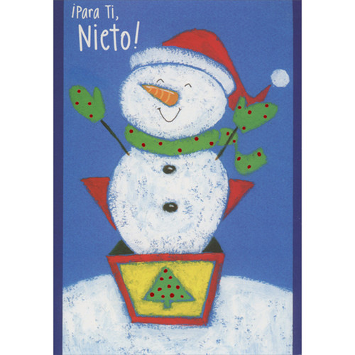 Smiling Snowman Popping Out of Box Spanish Language Christmas Card for Grandson: ¡Para Ti, Nieto! (English: For you, Grandson!)