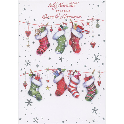 Treat Filled Stockings and Hearts Hanging on Red String Spanish Language Christmas Card for Sister: Feliz Navidad Para Una Querida Hermana (English: Merry Christmas To A Dear Sister)