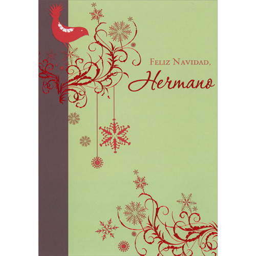 Bird Perched on Red Snowflake and Red Foil Branch Spanish Language Christmas Card for Brother: Feliz Navidad, Hermano (English: Merry Christmas, Brother)