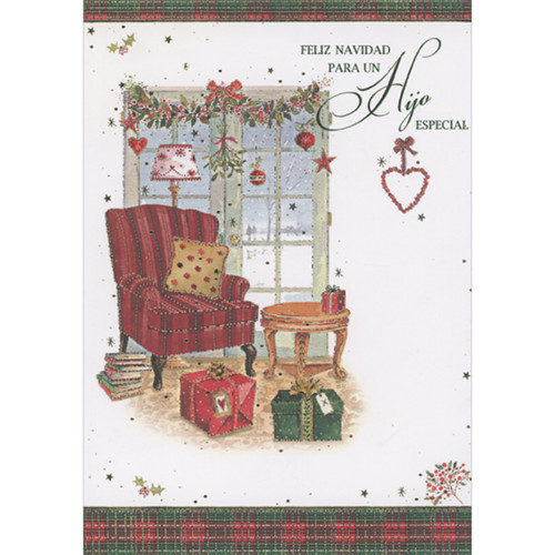 Festive Sitting Room with Striped Armchair Spanish Language Christmas Card for Son: Feliz Navidad Para Un Hijo Especial (English: Merry Christmas to a Special Son)