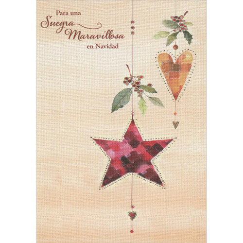 Star and Heart Shapes and Holly Hanging from Strings Spanish Language Christmas Card for Mother-in-Law: Para una Suegra Maravillosa en Navidad (English: For a Wonderful Mother-in-Law at Christmas)