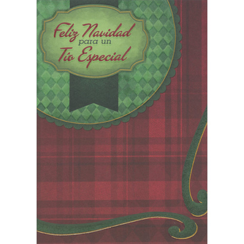 Green Checkered Round Banner on Red Plaid Spanish Language Christmas Card for Uncle: Feliz Navidad para un Tía Especial (English: Merry Christmas to a Special Aunt)