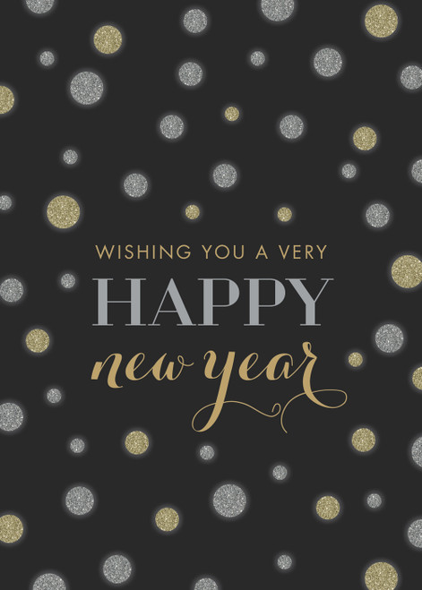 Silver and Gold Circles on Black: Style and Glitz Box of 25 Custom Verse Happy New Year Cards: Wishing You a Very Happy New Year