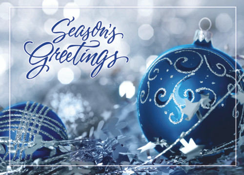 Nestled In Silver: Two Blue Ornaments with Silver Accents Box of 25 Custom Verse Holiday Cards: Season's Greetings