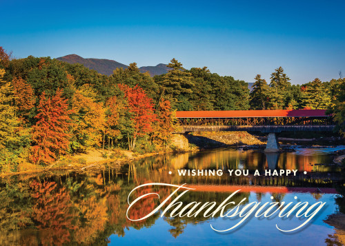 Mountains Behind Forest Along Edge of River Box of 25 Custom Verse Thanksgiving Cards: Wishing you a Happy Thanksgiving