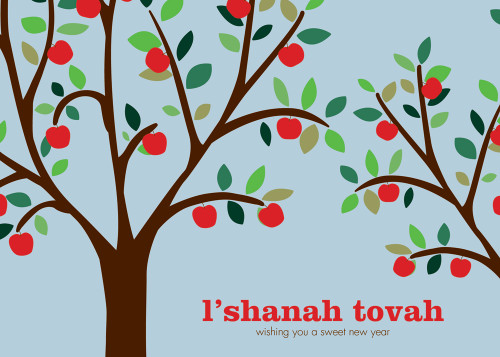 L' Shanah Tovah - Trees with Red Apples on Light Blue Box of 25 Custom Verse Rosh Hashanah / Jewish New Year Cards: L 'Shanah Tovah - wishing you a sweet new year