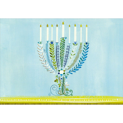 Menorah and Gold Tabletop on Light Blue Box of 18 Hannukah Cards