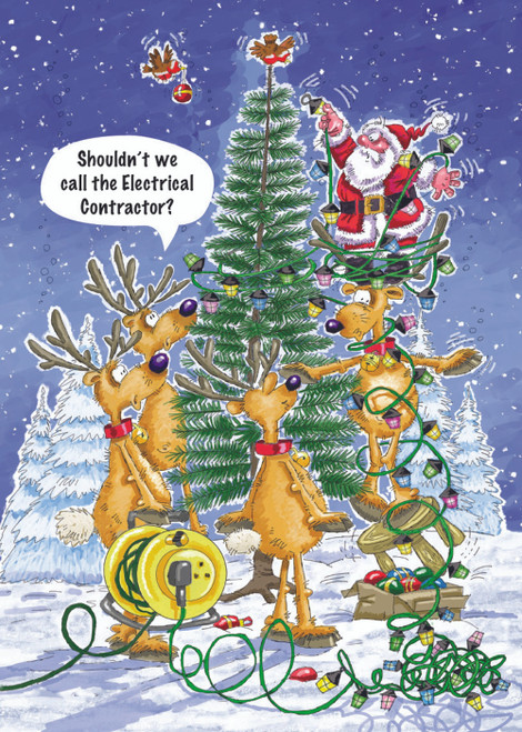 Santa Standing on Reindeer to Place Lights on Top of Tree Box of 25 Custom Verse Electrical Contractor / Electrician Holiday Cards