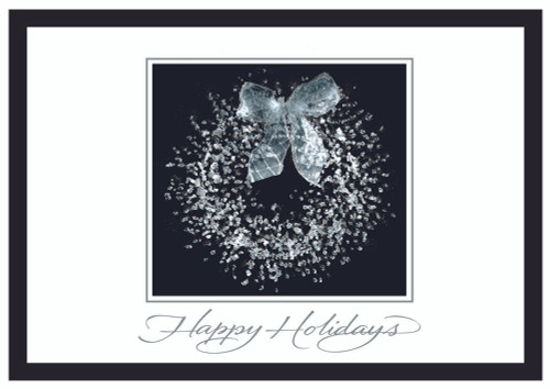 Striking Beauty: Bow and Wreath Inside Black Frame Box of 25 Custom Verse Holiday Cards: Happy Holidays