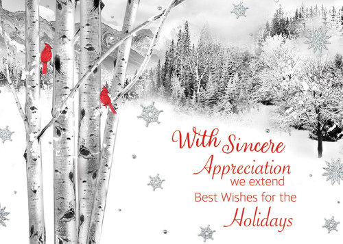 Two Cardinals Perched on a Birch Tree, Snowflakes and Forest Box of 25 Custom Verse Business Appreciation Holiday Cards: With Sincere Appreciation we extend Best Wishes for the Holidays