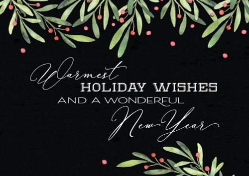 Midnight Wishes: Holly Top Border on Black Background Box of 25 Custom Verse Holiday Cards: Warmest holiday wishes and a wonderful New Year
