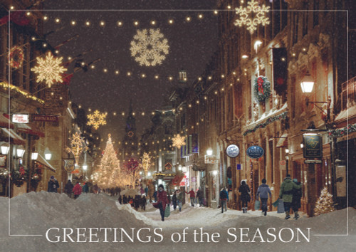 Stroll on State: Shoppers Walking Down Winter City Street Box of 25 Custom Verse Holiday Cards: Greetings of the Season