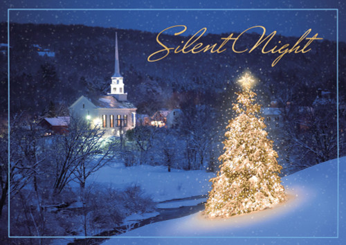 Everlasting Glow: Brightly Lit Tree on Hill Overlooking Church Box of 25 Custom Verse Religious Christmas Holiday Cards: Silent Night