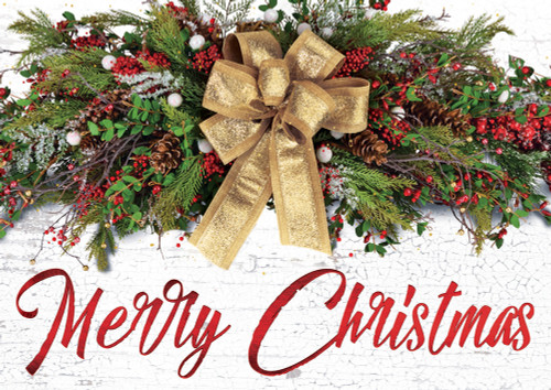 Pine Branches, Pine Cones and Holly with Gold Bow Box of 25 Custom Verse Christmas Cards: Merry Christmas
