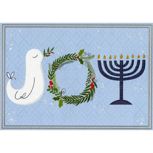 Joy, Dove, Wreath and Menorah Box of 18 Interfaith Hanukkah / Christmas Holiday Cards: JOY