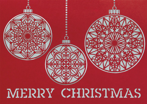 Three Silver Ornaments Hanging from Beads on Dark Red Box of 25 Custom Verse Christmas Cards: Merry Christmas