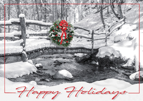Wreath on Wooden Bridge Over Stream in Winter Box of 25 Custom Verse Holiday Cards: Happy Holidays