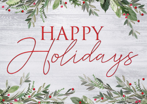 Rustic Happy Holidays: Top and Bottom Holly Borders Box of 25 Custom Verse Holiday Cards: Happy Holidays