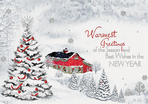 Snow Covered Tree with Red Decorations Near Red Farmhouse Box of 25 Custom Verse Holiday Cards: Warmest Greetings of the Season and Best Wishes in the New Year!
