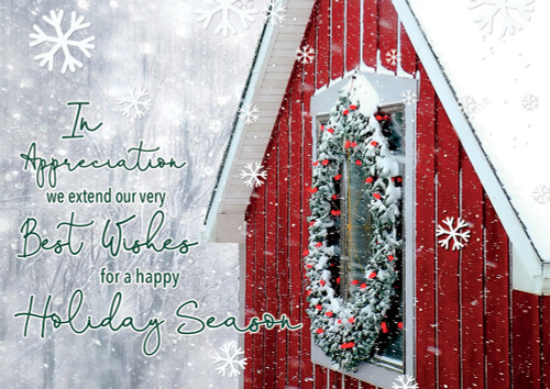 Rural Charm: Snow Covered Wreath on Upper Window of Red Barn Box of 25 Custom Verse Business Appreciation Holiday Cards: In Appreciation we extend our very Best Wishes for a happy Holiday Season