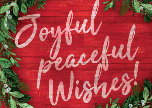 Joyful Peaceful Wishes on Red Inside Pine Branches Border Box of 25 Custom Verse Holiday Cards: Joyful Peaceful Wishes!