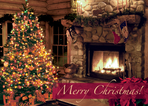 Decorated Tree and Gifts in Room Near Rustic Stone Fireplace Box of 25 Custom Verse Christmas Cards: Merry Christmas