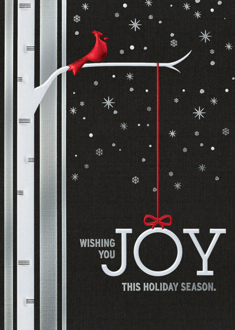 Joy Suspended from Red String Under Cardinal on Branch Box of 25 Custom Verse Holiday Cards: Wishing You Joy this Holiday Season