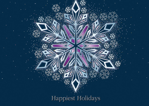 Large Silver and Purple Snowflake Inside Small Flakes on Dark Blue Box of 25 Custom Verse Holiday Cards: Happiest Holidays
