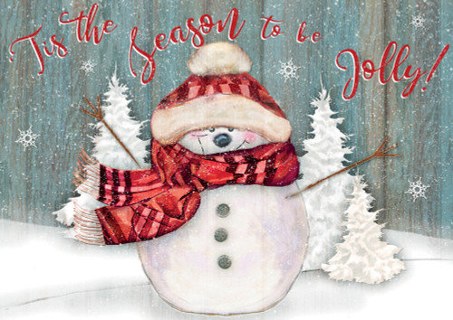Jolly Days: Cute Snowman in Red Scarf and Hat with Upraised Arms Box of 25 Custom Verse Holiday Cards: Tis the season to be jolly!
