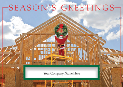 Carefully Crafted: Santa Hanging Wreath on Framed House Box of 25 Custom Verse Contractor / Builder Holiday Cards: Season's Greetings