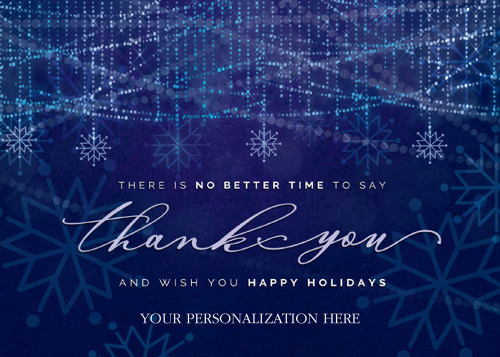 Grateful Pixel: White and Blue Snowflakes and Dots on Deep Blue Box of 25 Custom Verse Business Appreciation Holiday Cards: There is no better time to say thank you and wish you Happy Holidays