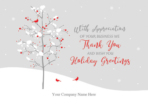 Snow Birds: Single Snow Covered Thin Tree and Cardinals Box of 25 Custom Verse Business Appreciation Holiday Cards: With Appreciation of your business we Thank You and wish you Holiday Greetings