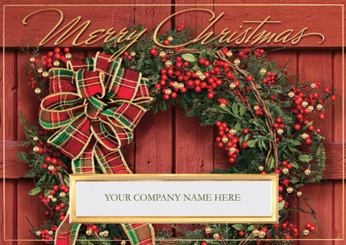 Festive Ribbon, Green Wreath and Holly on Cedar Lodge Doors Box of 25 Custom Verse Christmas Cards: Merry Christmas