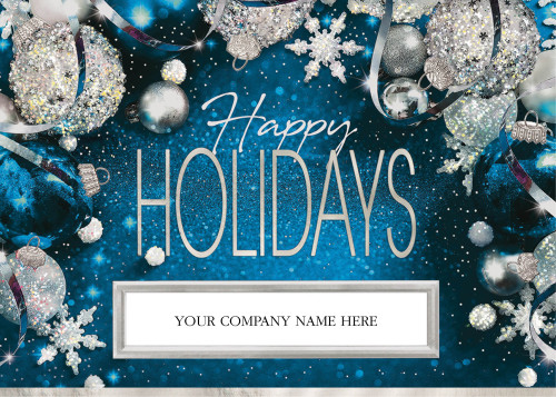 Lustrous Ornaments: Silver and Blue Snowflakes and Ornaments Box of 25 Custom Verse Holiday Cards: Happy Holidays