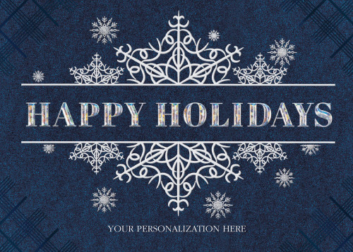 Holiday Royalty: Banner Over Snowflake Designs on Dark Blue Box of 25 Custom Verse Holiday Cards: Happy Holidays