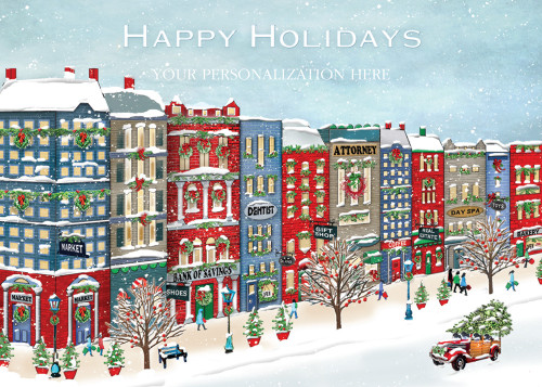 Art of Charm: Winter City Street, Tall Buildings and Shoppers Box of 25 Custom Verse Holiday Cards: Happy Holidays