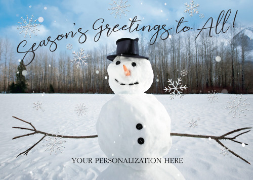 Mr. Frosty: Closeup of Snowman with Open Arms Box of 25 Custom Verse Holiday Cards: Season's Greetings to All!